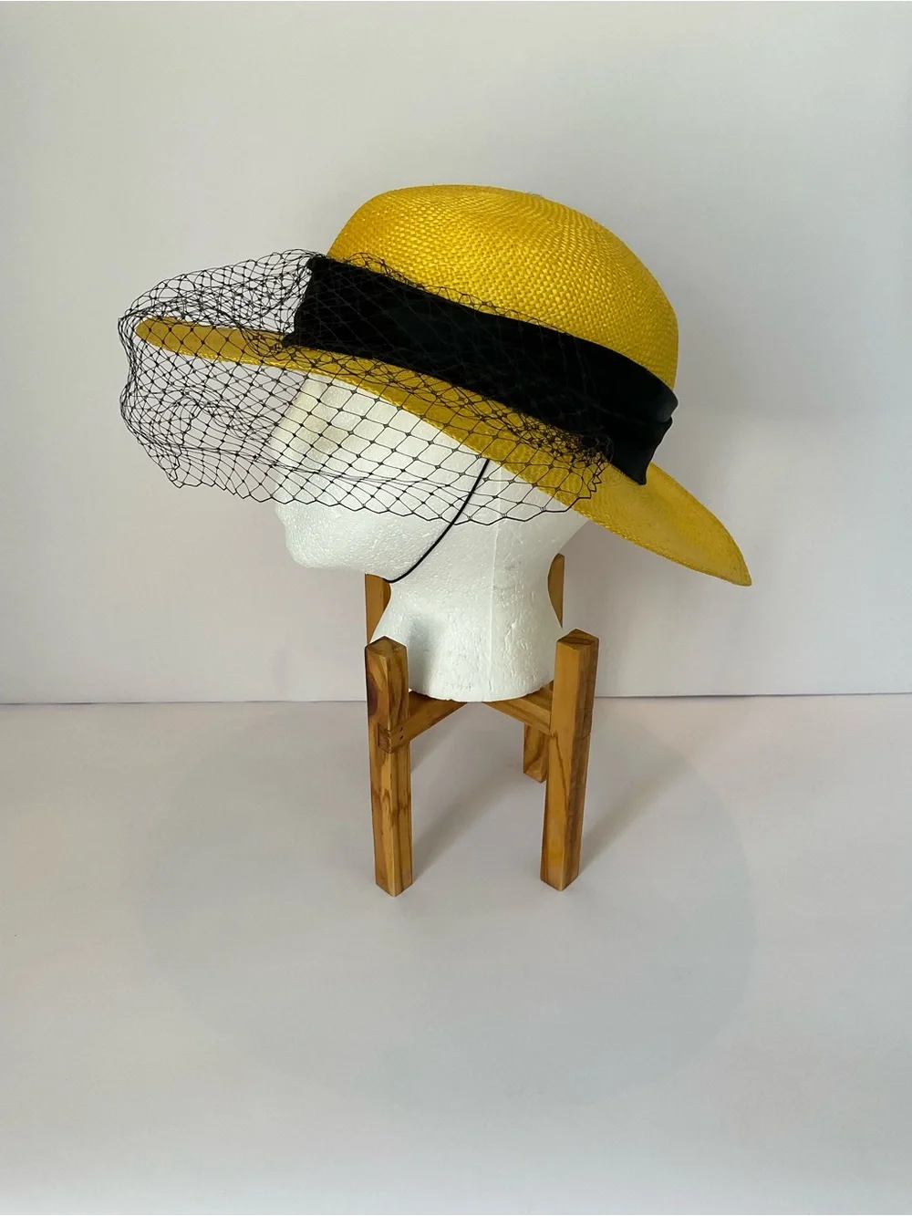 Vintage Miss Bierner Elegant Yellow Veiled Derby Hat with Black Feather Trim